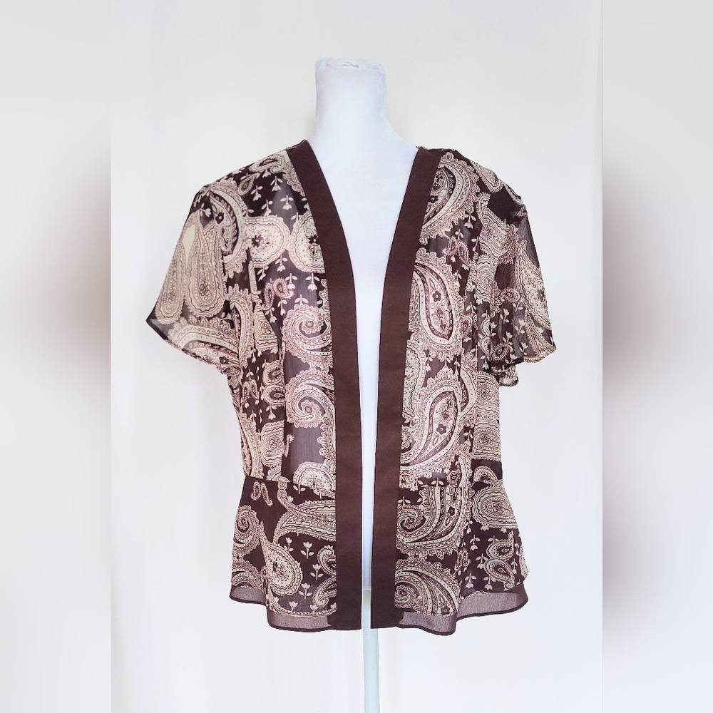 Studio I Short Sleeve Sheer Paisley Cardigan Brown White Size 14 NWT